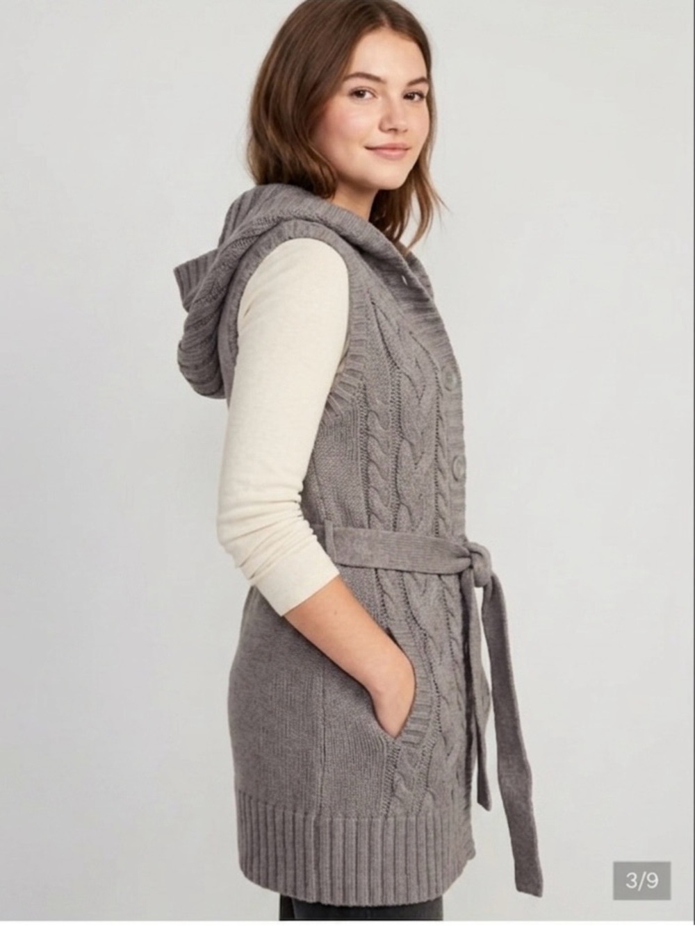 Old Navy Girls Cable Knit Sweater Vest Belted Hooded Gray Taupe Size L 10/12
